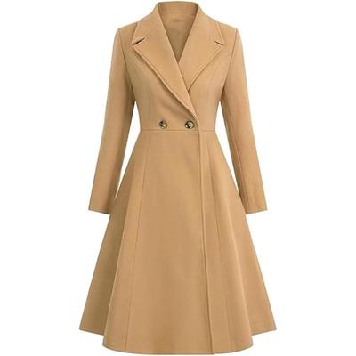 Damen langer Winter-Trenchcoat mit gekerbtem Revers, doppelreihig geknöpft, A-Linie, gefaltete Wolljacke, gefüttert