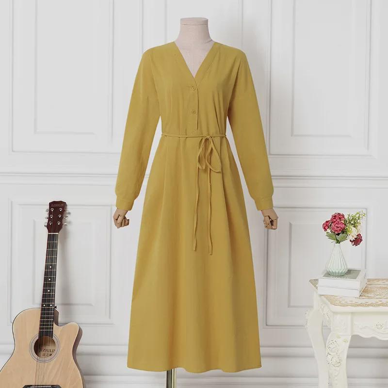 Brandneues 2023 Damen Langarm Baumwoll- und Leinen Abendkleid