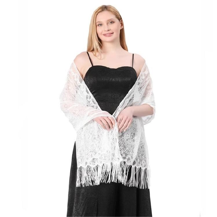 Elegant Lace Shawl Hollowed Shoulder Wrap Scarf Covering With Tassels Great For Female Various Occasion and Outfit