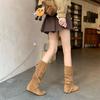 Vintage Crossed Buckle Western Cowboy Boots Women's Autumn New Soft Pleated Pile Pile Martin Boots Medium Boots French