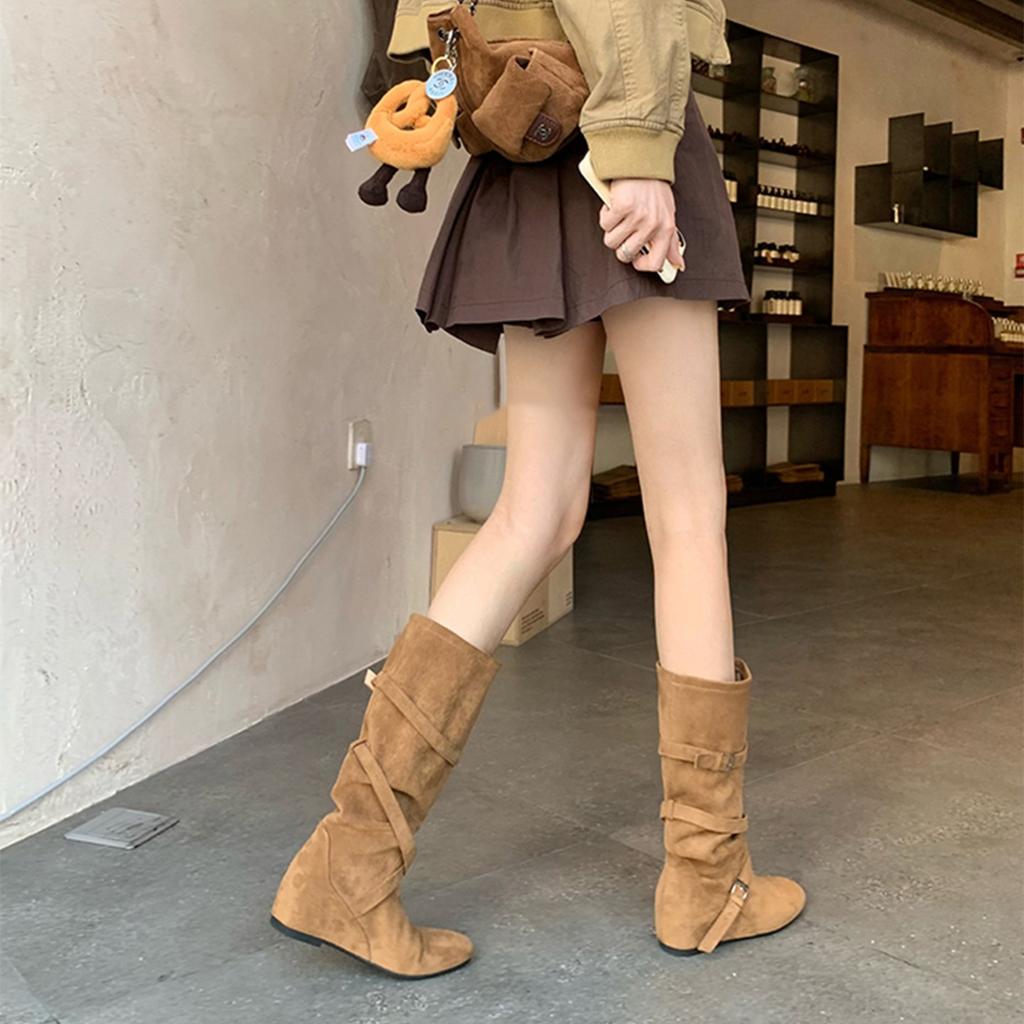 Vintage Crossed Buckle Western Cowboy Boots Women's Autumn New Soft Pleated Pile Pile Martin Boots Medium Boots French