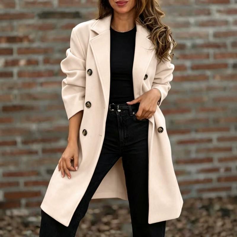 Womens Wool Blend Double-Breasted Notched Collar Long Coat Winter 2026 City Chic Outerwear