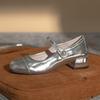Light mouth shoes spring and summer new silver round head Mary Jane metallic pearl medium heel round head single shoes women
