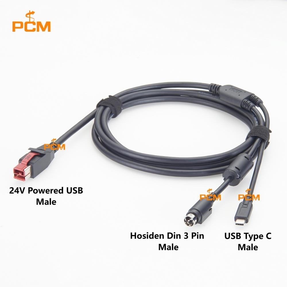 24V Powered USB to USB-C Hosiden-M Din 3 Pin Power Cable for POS Printer Scanner Mice Keyboard Industrial PoweredUSB Hub Card