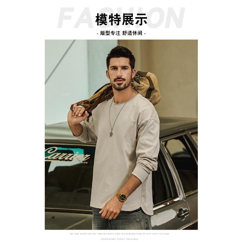 Men 100 Cotton Loose Long Sleeve Round Neck Casual Solid Vintage T Shirt