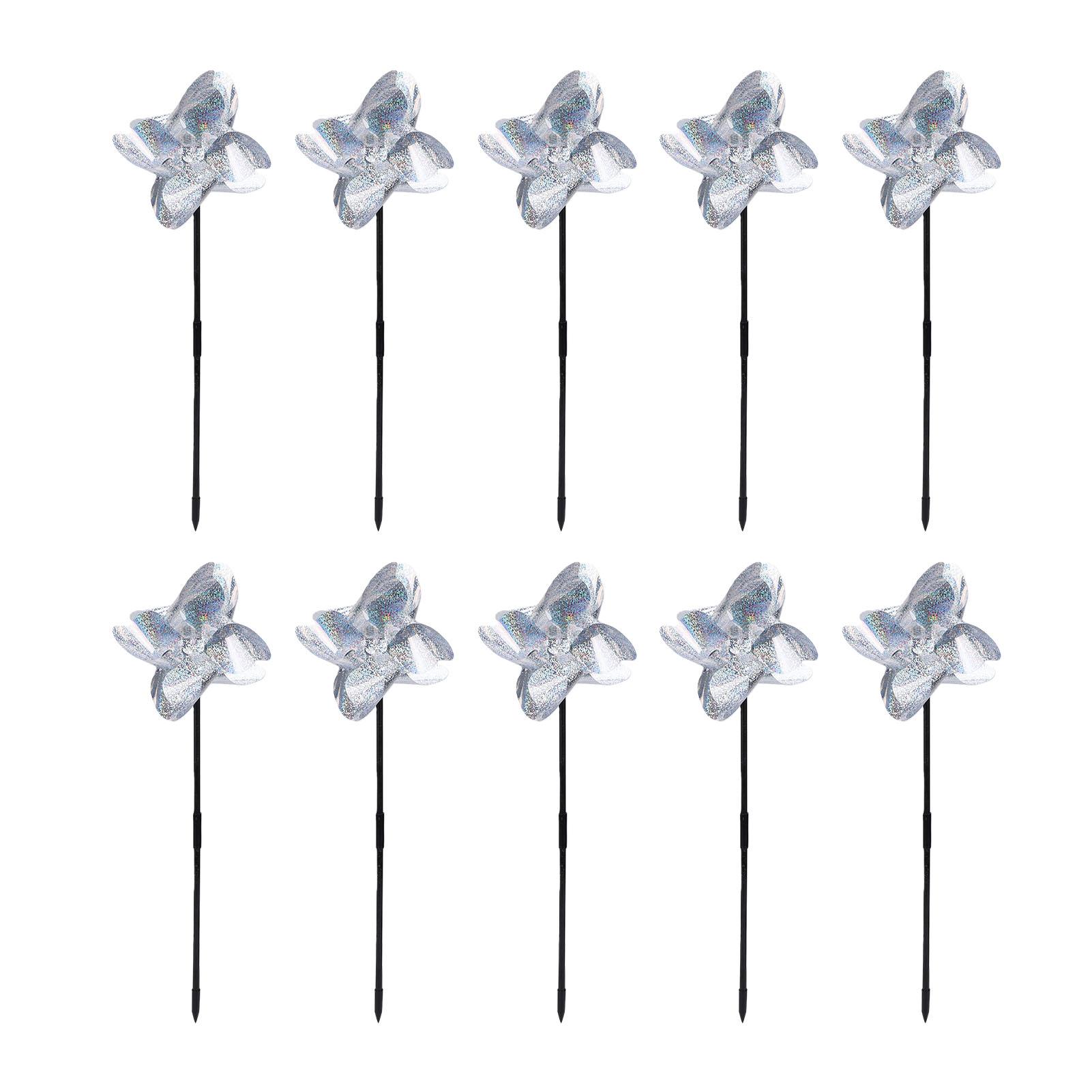 10 piezas Molinillo de viento plateado Molinillo de viento giratorio Diseño brillante reflectante Decoración de jardín exterior Disuasor de pájaros Resistente a la intemperie para gray