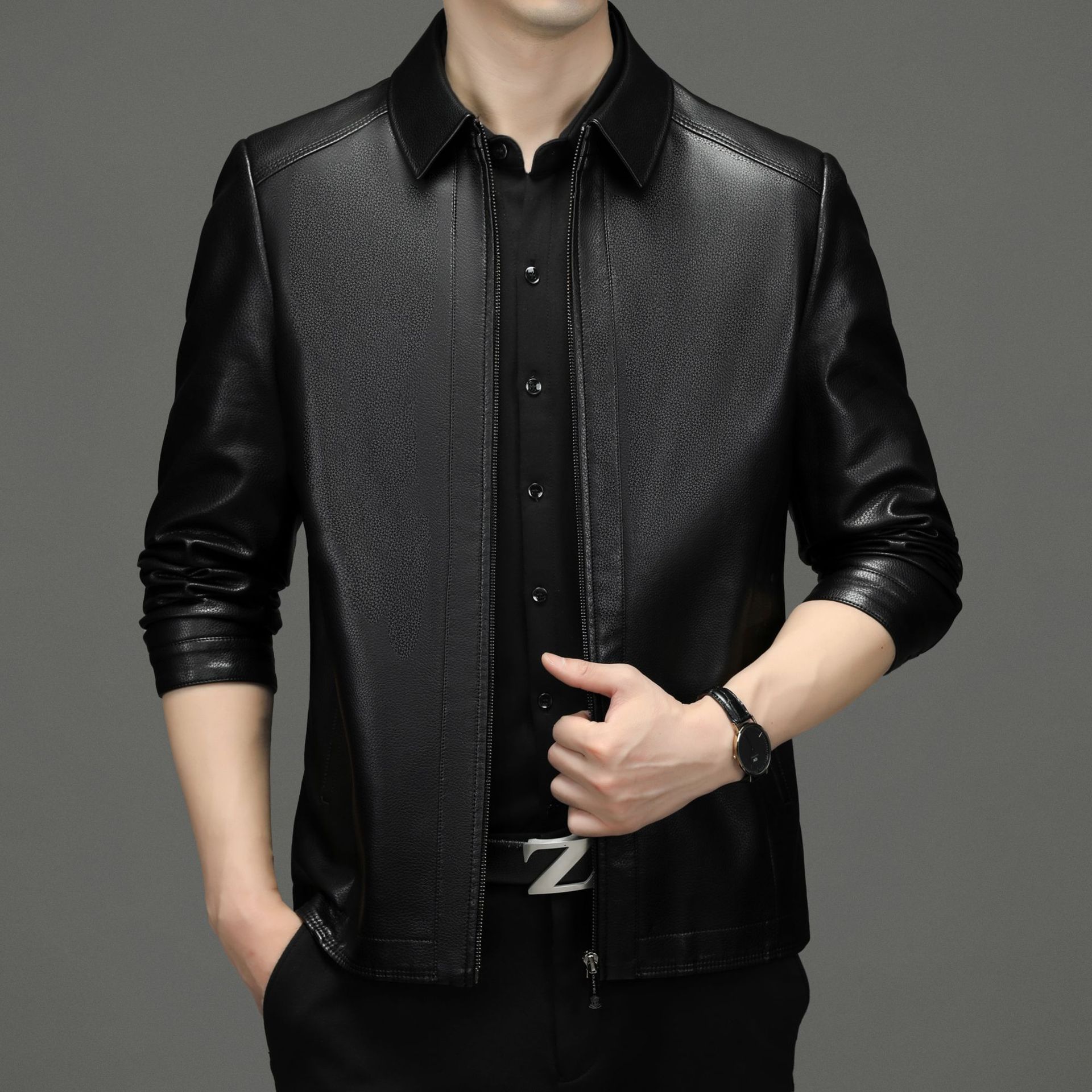 Leather Jacket Men s Middle-aged Men s Genuine Leather Jacket Short Lapel Thin Sheepskin Dad Leather Jacket Men s Clothing M