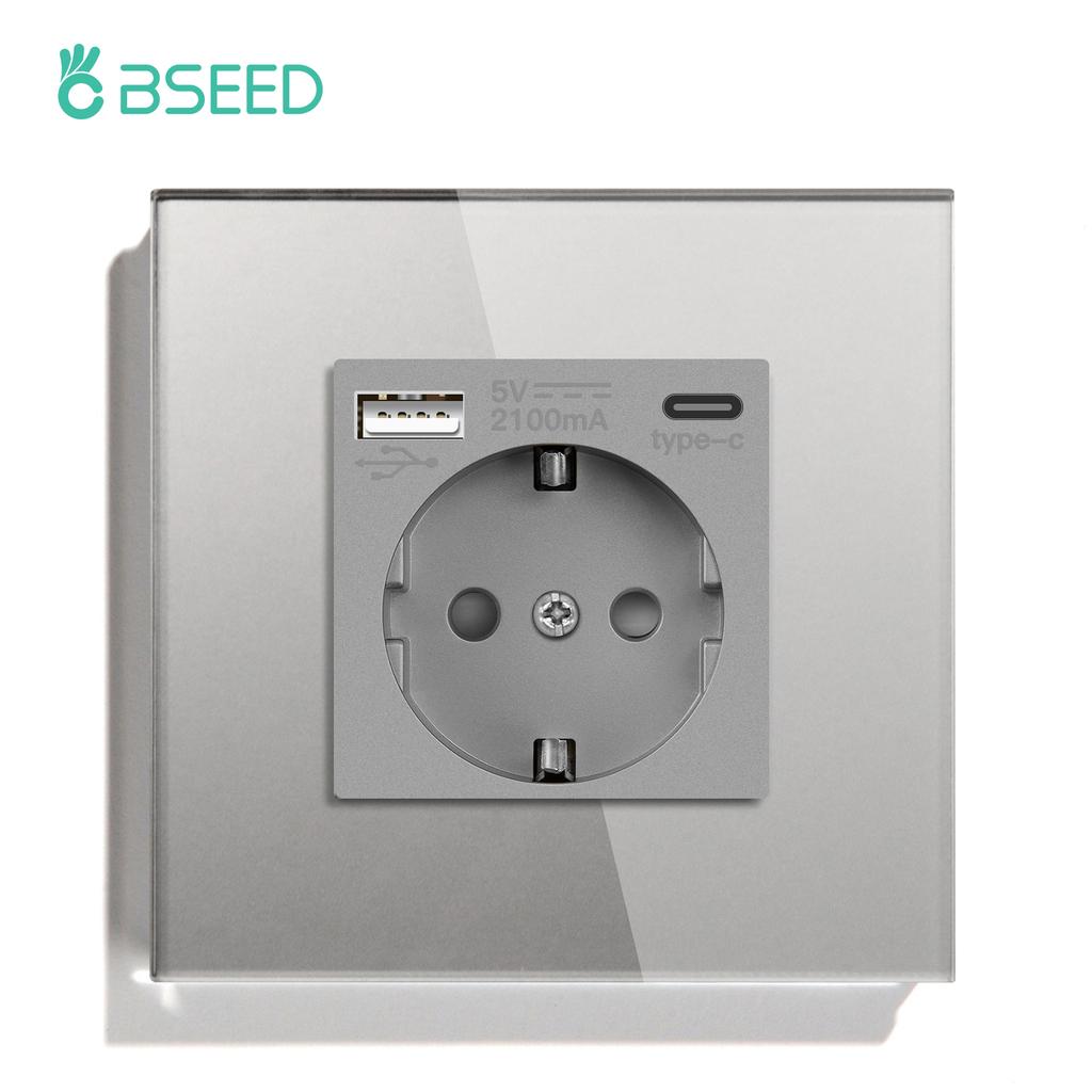 BSEED 1/2/3Gang Mechanical Light Switches 1Way Plus Wall Socket Type-c USB Power Outlets Crystal Glass Frame EU Standard Gray