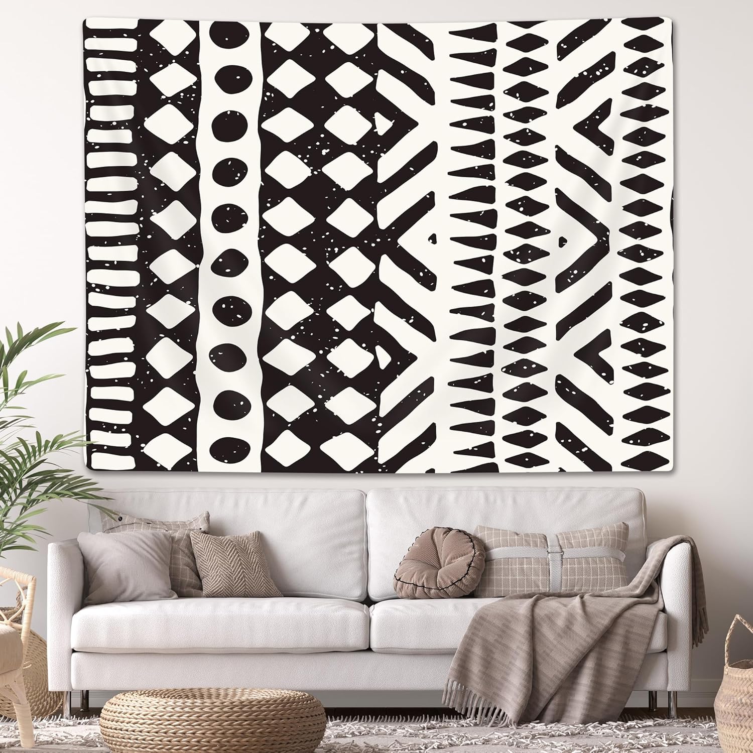 Textilien Unisex Black/White African Mud Cloth Tapestry Wall Hanging Art, And Tribal Afrocentric Ethnic Bohemian Motif With Geometric Elements