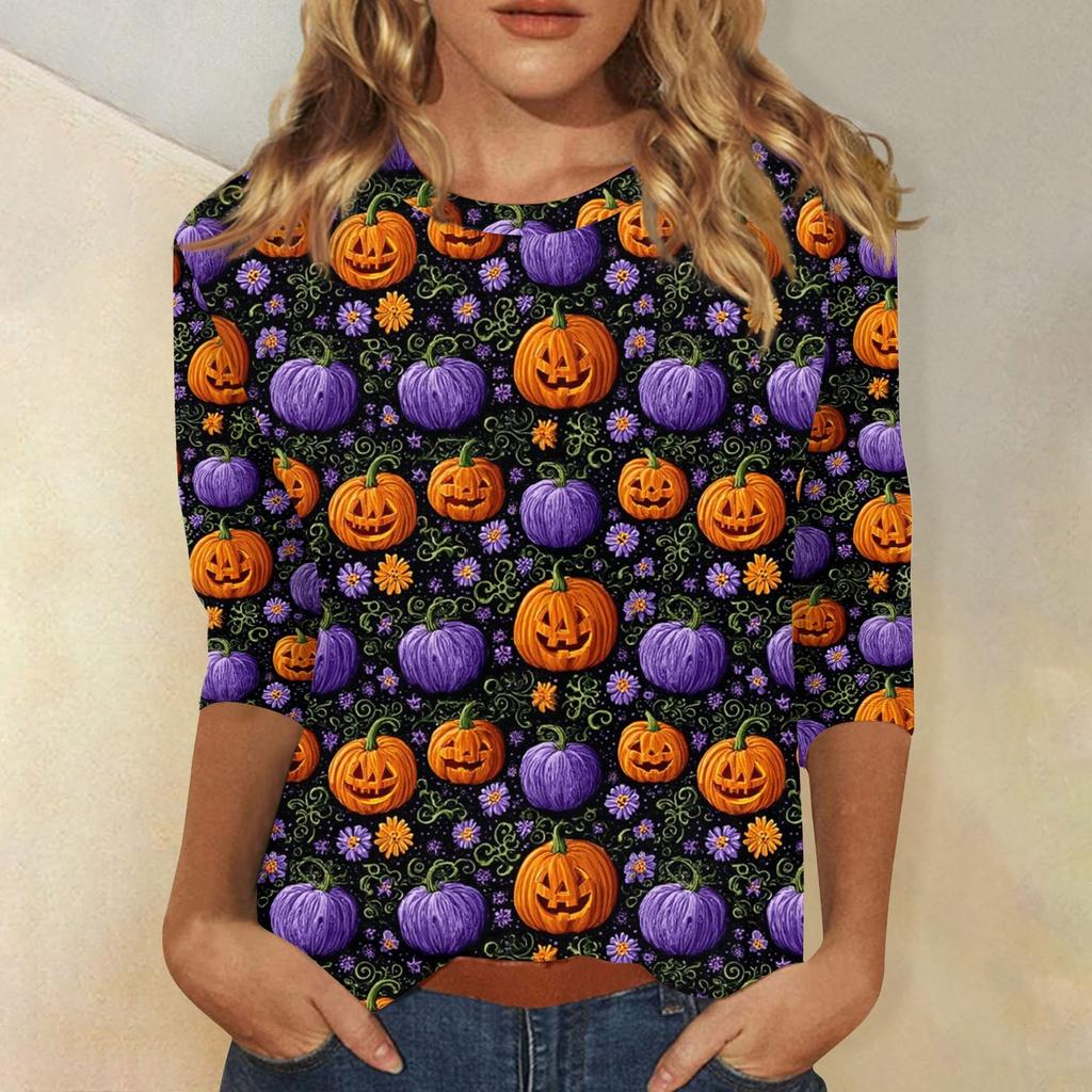 Women's Fashion Casual Round Neck 3/4 Sleeve Loose  Printed T-Shirt Ladies Top