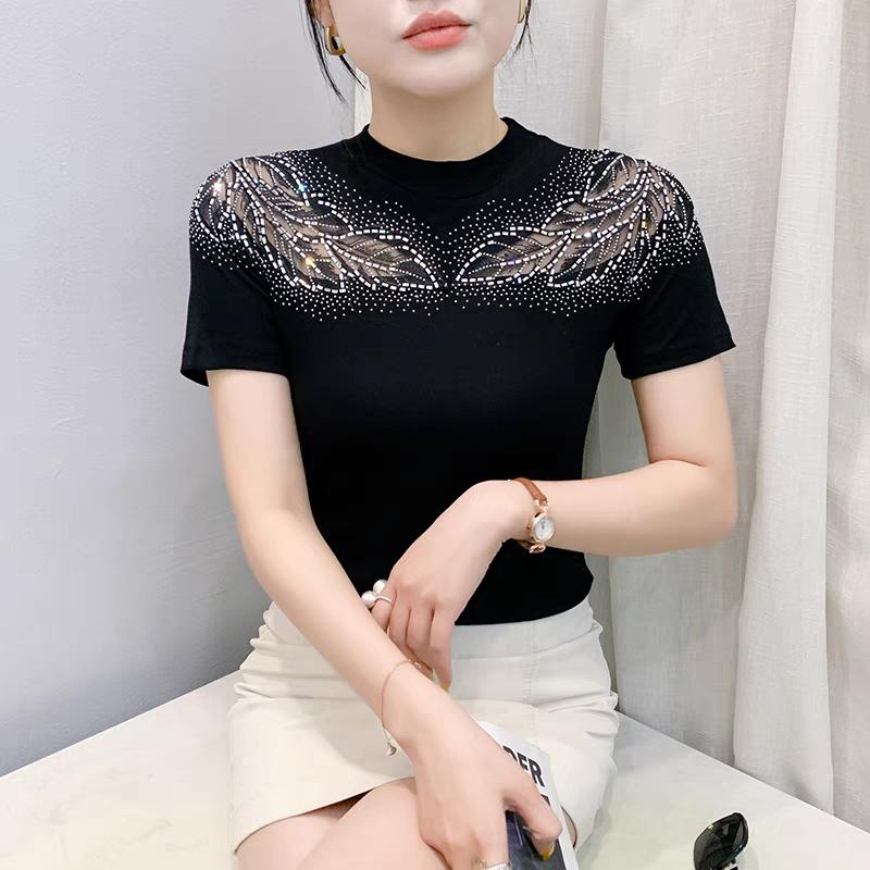 

Летняя Новинка Европейская Одежда Женская Футболка Роскошные Топы с Горячими Бриллиантами Рубашки Мода Короткий Рукав Приталенные Хлопковые Футболки 3XL чёрный
