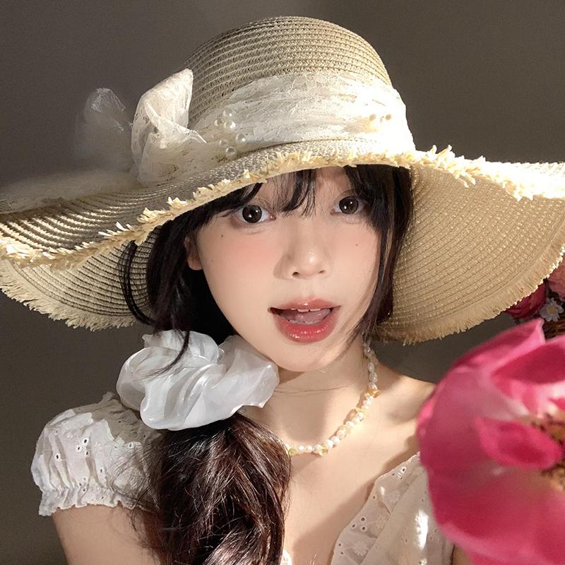 Women's Summer French Style Lace Bowknot Straw Hat Wide Brim Sun Protection Hat Beach Vacation Sun Hat Fashionable Headwear for Seaside Trips