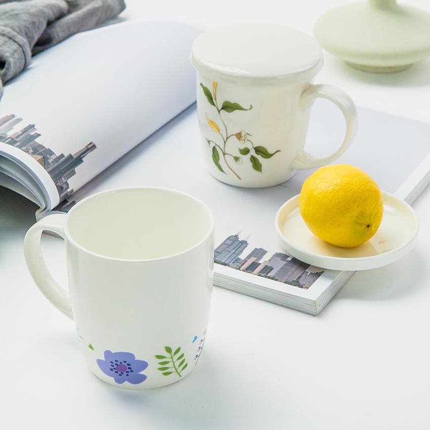 White Bone China Coffee Cup New Household 310ml Flower Pattern Overglaze Color Mugs with Lid High Aesthetic Milk Oats Cup