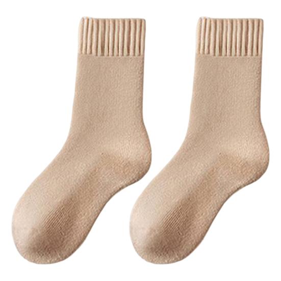 1 Pair Women Winter Socks Solid Color Ribbed Cuffs Thickened Plush Lining Sleeping Socks Autumn Winter Daily Wear