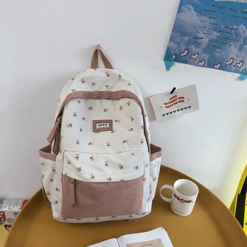 Fashionable Color Blocked Flower Pattern Letter Decor Student Casual Backpack