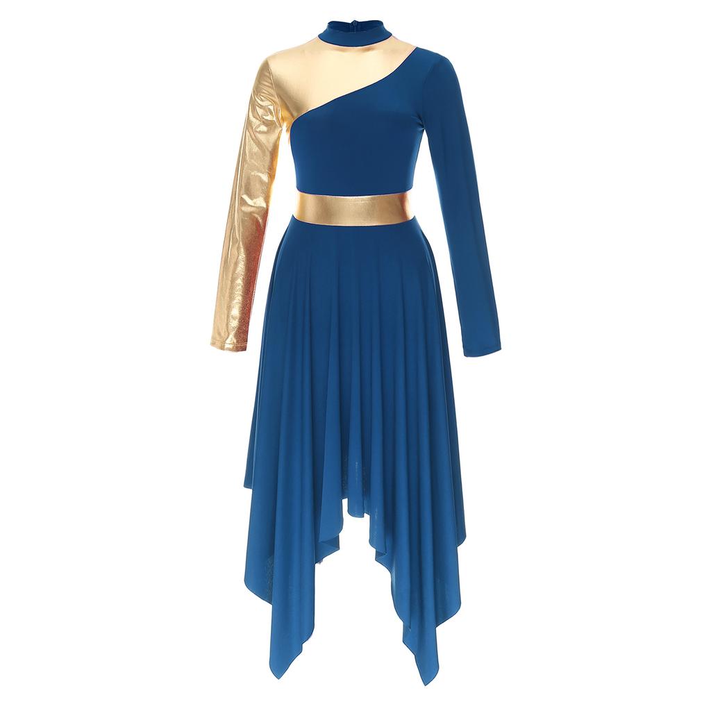 Womens Contrast Color Patchwork Dance Performance Costume Long Sleeve Asymmetrical Hem Dress