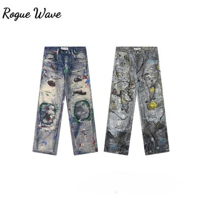 RogueWave Men's High Street Oversized Hip Hop Jeans Pants 3D Printed Vintage Denim Trousers Fashion Streetwear Painted Straight Fit Jeans