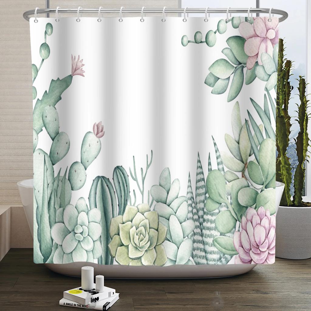 Tropical Cactus Print Shower Curtain Boho Plant Pattern Waterproof Fabric Shower Curtains Modern Bathroom Decor With Hooks