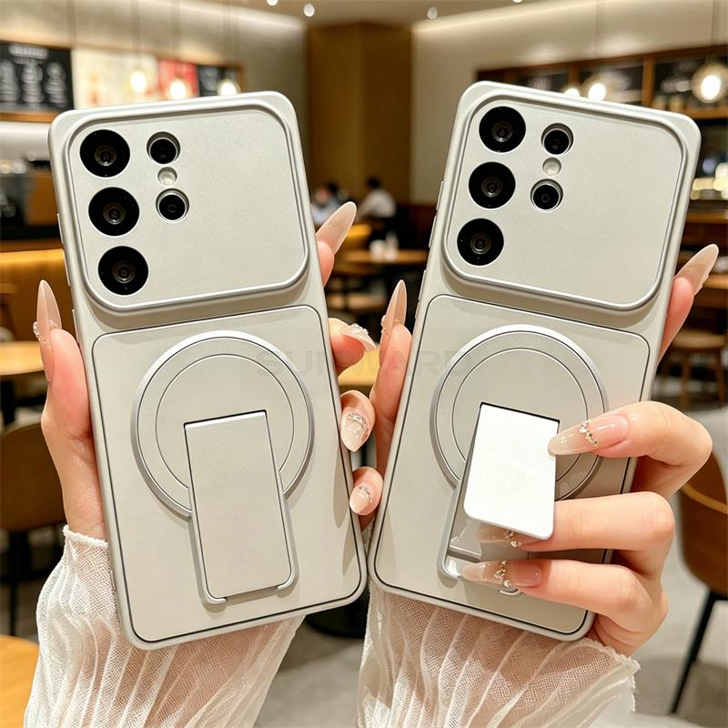 Luxury Folding Bracket Magnetic Matte Case for Samsung Galaxy S26 S25 Edge S23 S21 FE S22 S24 Ultra Plus For Magsafe Stand Cover