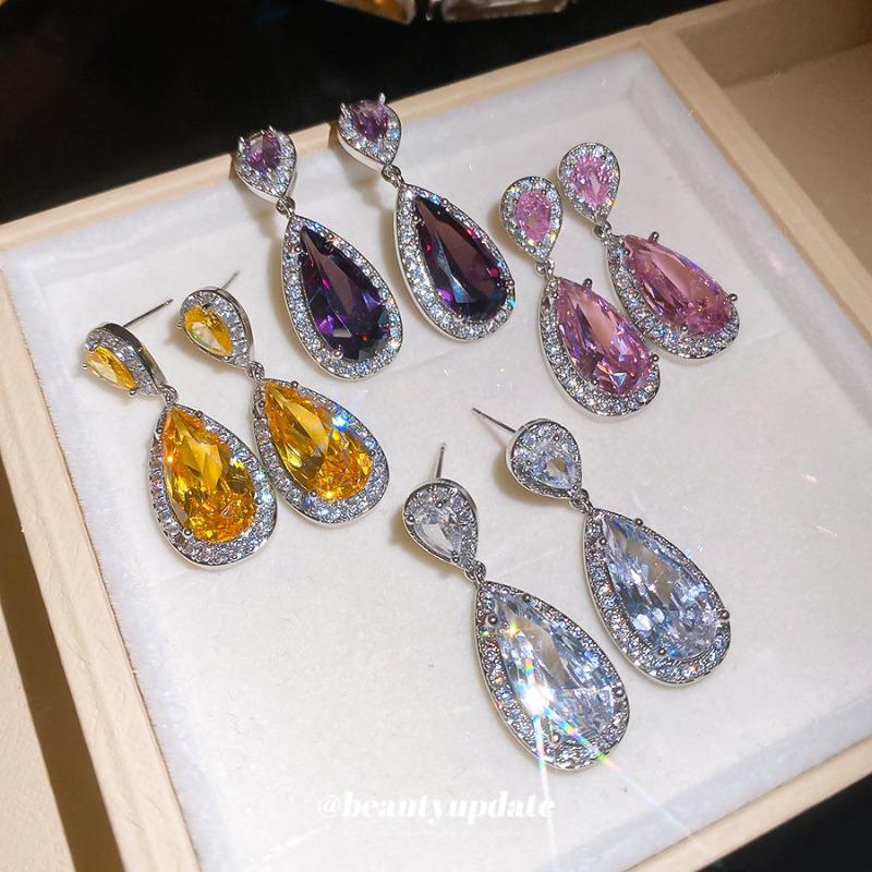 Rich daughter~ Silver needle super flash zircon water drop stud earrings temperament celebrity style earrings light luxury high-end earrings women