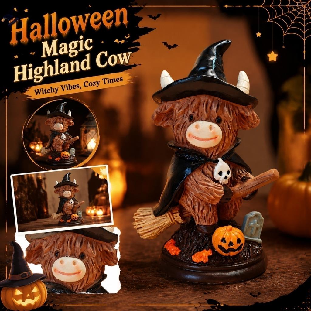 Halloween Witch Cow Resin Figurine with and Pumpkin, Cute Home Decor Ornament for Party
