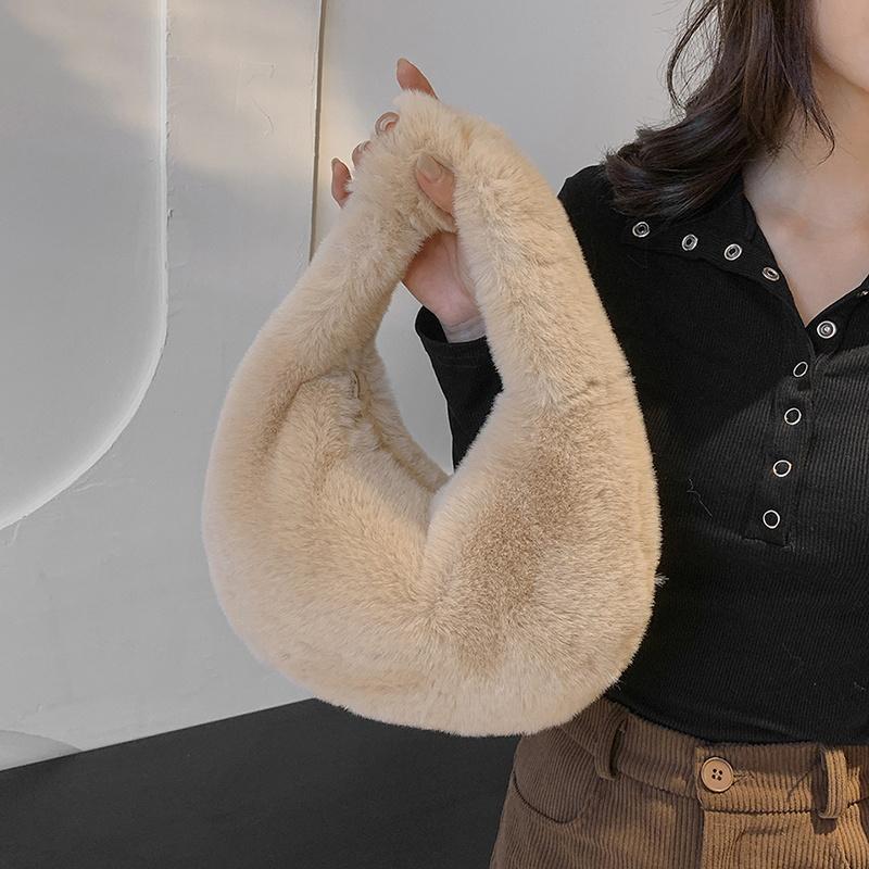 Yogodlns Fur Women's Small Half Moon Bag Luxury Warm Plush Wrist Bags for Women Fashion Furry Short Handle Clutch Cute Ladies Coin Purses