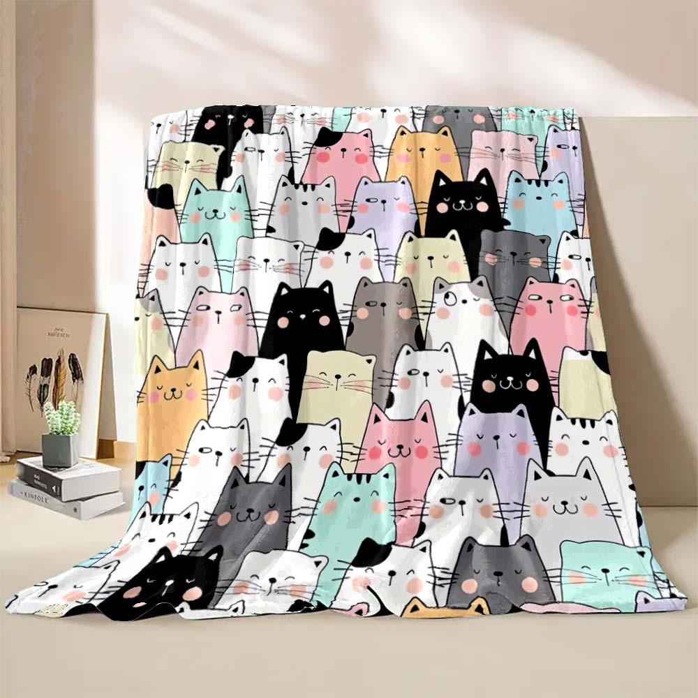 Cute Cat Print Blanket Home Travel Camping Blanket Single Layer Flannel Shawl Blanket Soft Cartoon Fleece Blanket