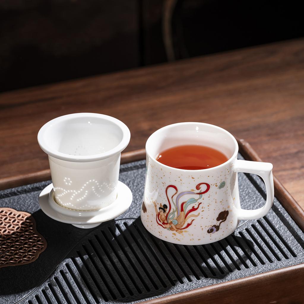 White porcelain Dunhuang office cup, personal special large-capacity drinking cup, mug with lid, teacup with hand gift