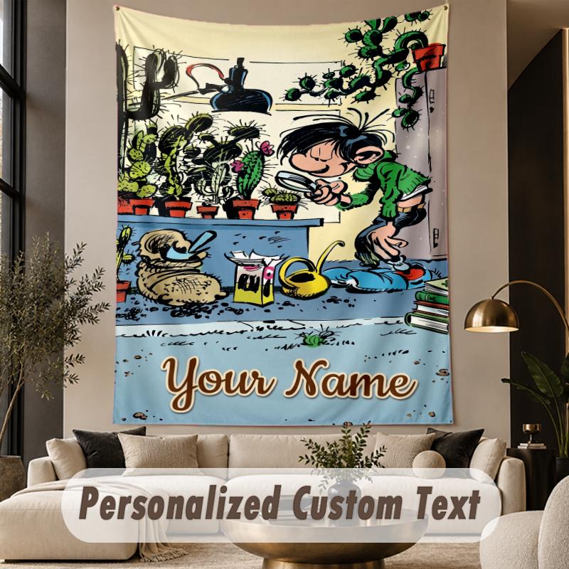 Custom Text Printed Tapestry Gaston Lagaffe Pattern Large Wall Hanging Indoor Room Decor