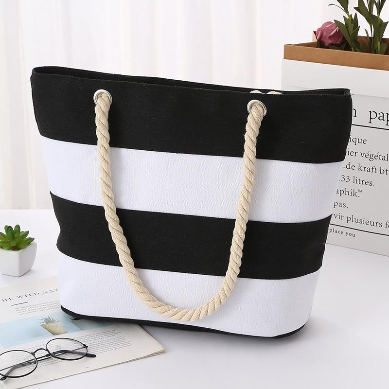 Cotton Rope Portable Canvas Bag Fabric Striped Shoulder Shopping Bag Large Capacity Practical Beach Splicing Shoulder Bag