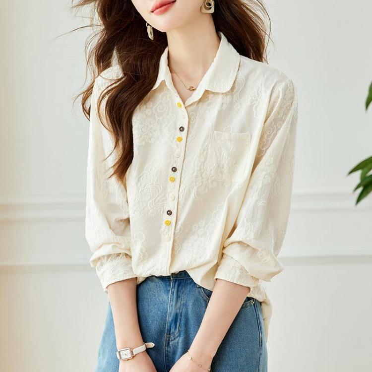 Women Pure Cotton Embroidered Shirt Long Sleeve Doll Collar Top Button Down Blouse Spring Autumn Apricot Color
