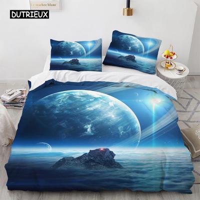Ensemble Housse de Couette Ciel Étoilé Espace Extérieur Terre Galaxie Ensemble de Literie Double Queen King Size 2/3 pièces Housse de Couette en Polyester pour Enfants