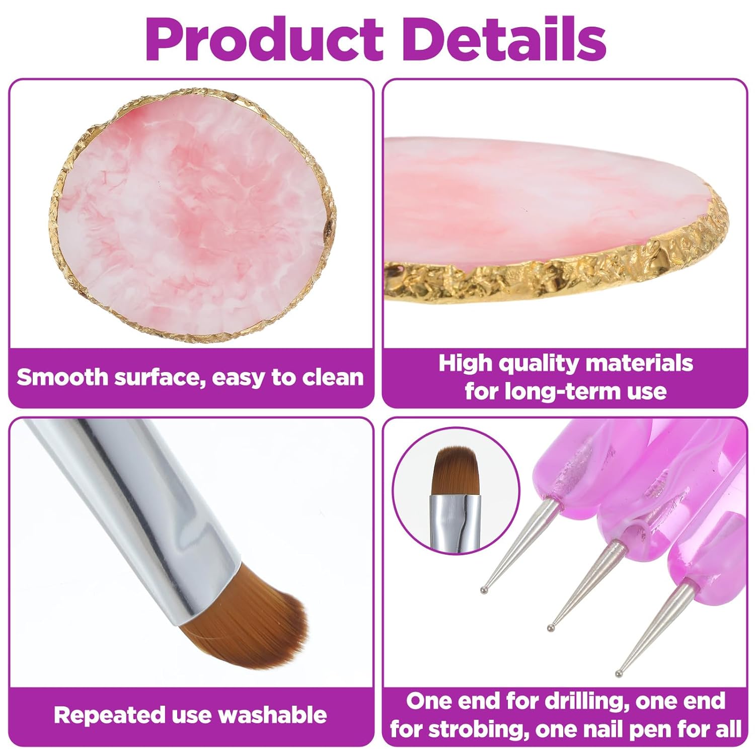 3 Pcs French Gel Acrylic Nail Art Brushes with Dotting Tool,Acrylic Nail Brush with Pink Nails Art Palette French Brush for Nails Detailed Designs