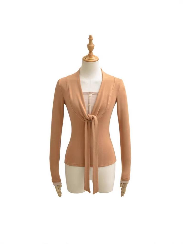 Women's Faux Cashmere Trendy Layered Long-Sleeve Tie-Up Top for Spring/Autumn