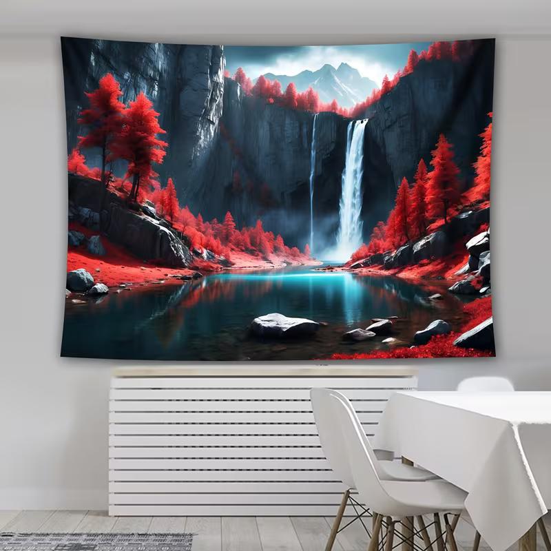 2D Red Tree Waterfall Tapestry Mountain Lake and Waterfall Landscape Wall Hanging