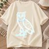 2026 New Pure Cotton Tshirt Handpainted Owl Print Crew Neck Short Sleeve Casual Top