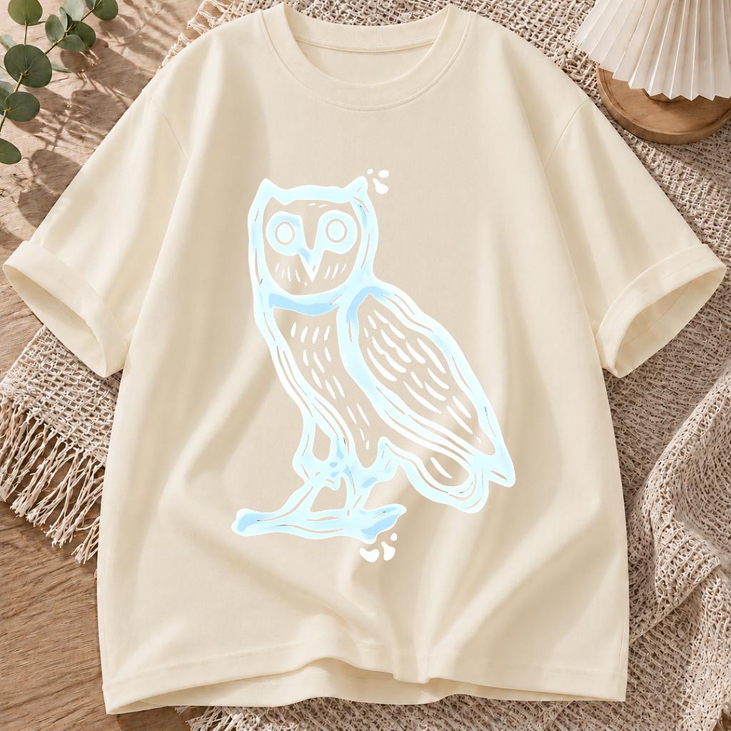 2026 New Pure Cotton Tshirt Handpainted Owl Print Crew Neck Short Sleeve Casual Top