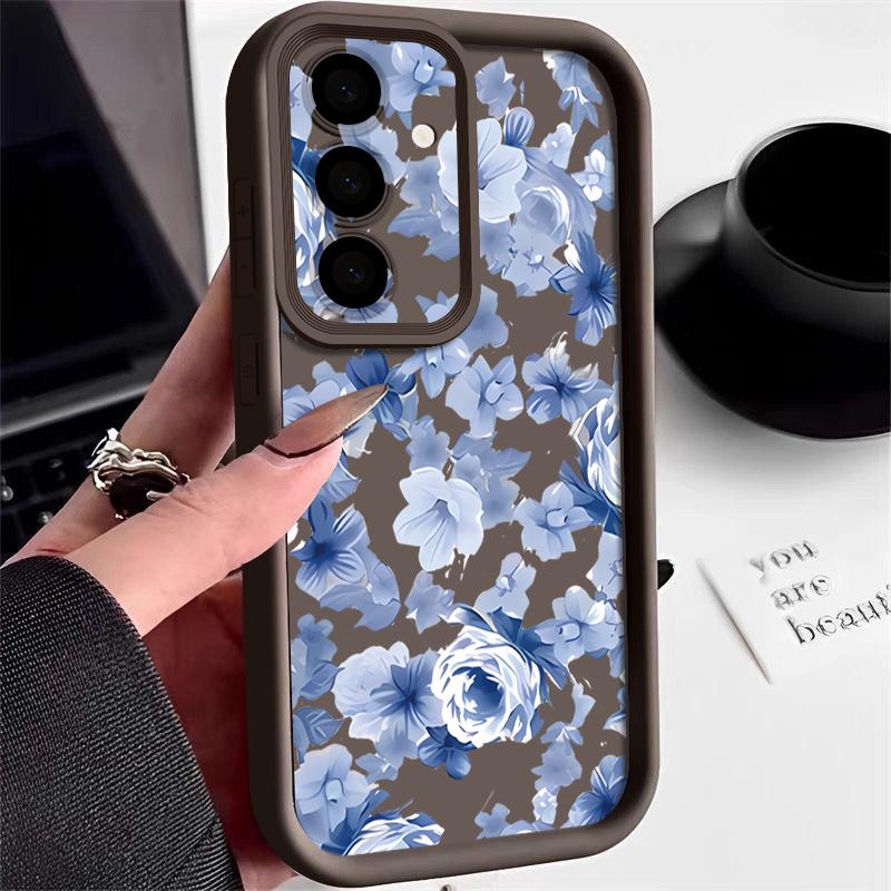 Blue Flower Pattern Soft Phone Case For Samsung Galaxy S26 S25 S24 S23 S22 S21 Ultra S25 Edge S24 S25 FE S22 Plus TPU Back Cover