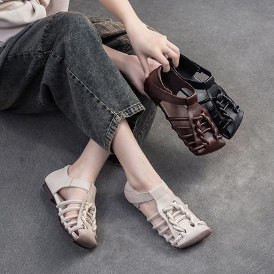 Gewebte Römerschuhe mit quadratischer Zehenpartie, atmungsaktive, hohle Vintage-Sandalen aus echtem Leder, weiche Sohle, Damenschuhe