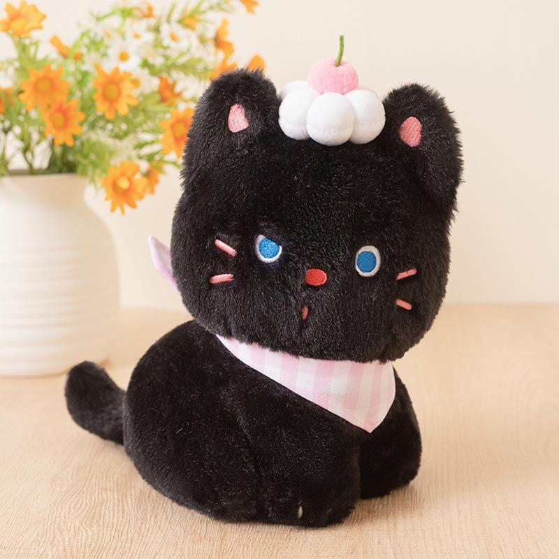 Cute And Charming Black Cat Plush Toy Adorable Cat Featuring Cream Cake Decor Plush Doll Sweet Companion Doll Birth Date Present