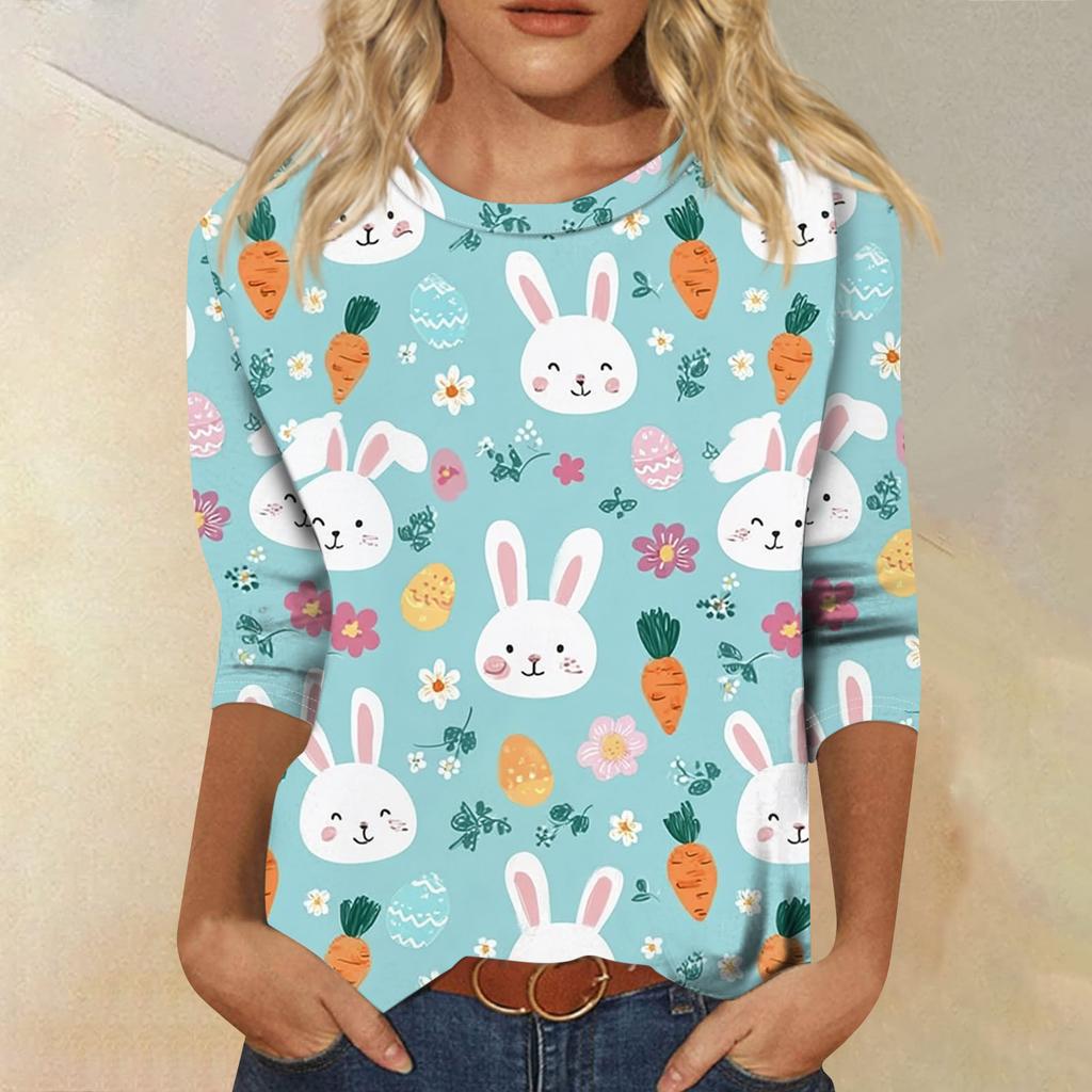 Women's Fashionable Casual Three-quarter Sleeve Easter Print Round Neck Pullover Top