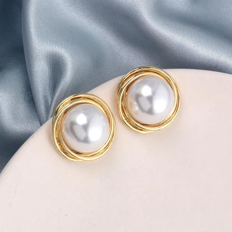 Big Round Imitation Pearl Stud Earring for Women Female Sweet Gold Edge Piping Jewelry Party Wedding Christmas Gift