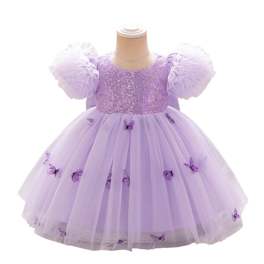 Purple Mesh Butterfly Princess Dress with Puffy Bubble Sleeves for Girls