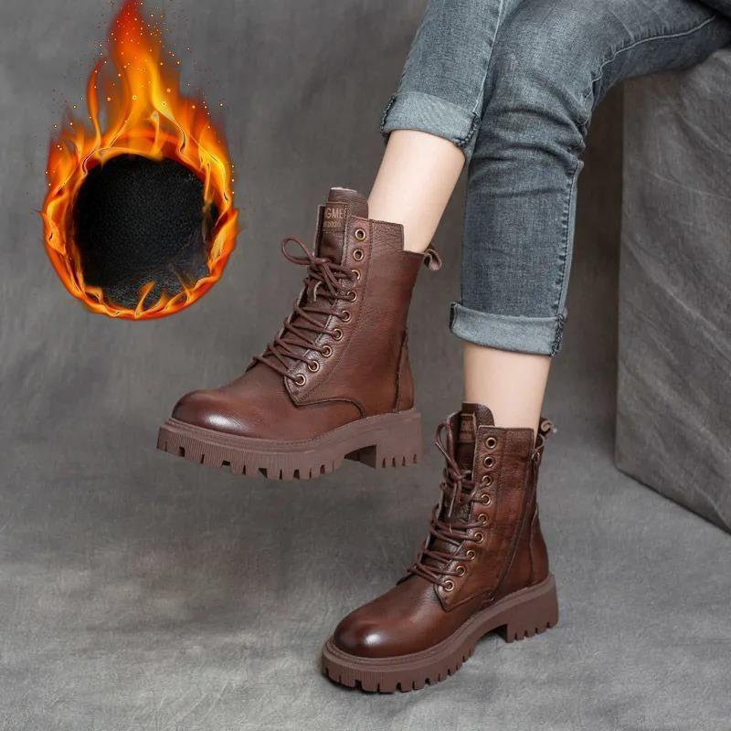 Retro Boots for Women Autumn Winter Women's Shoes Leather Casual Flat Ankle Boots Female Platform Short Boots