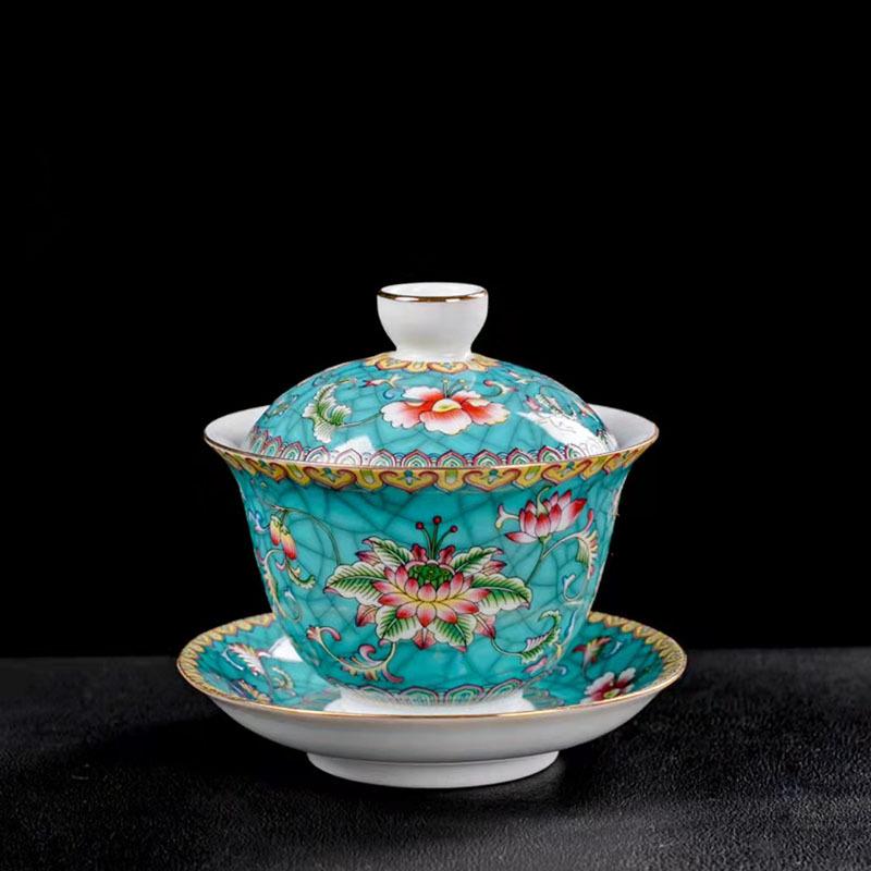 Large Ceramic Teapot Set with Hand Painted Flowers Home Tea Brewing Kungfu Tea Kit with Handle