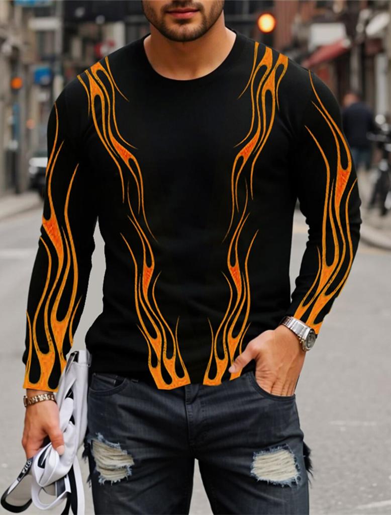 3D Printed Flame Scratch Pattern 3D Printed Autumn Men's Crew Neck T-Shirt Casual Long Sleeve Oversized Pullover Fashion Tops