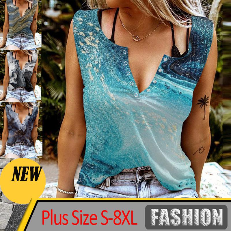 

Женские топы на пуговицах с мягким принтом Летний модный жилет без рукавов Футболка с V-образным вырезом Крутые и мягкие сексуальные топы больших размеров дышащие