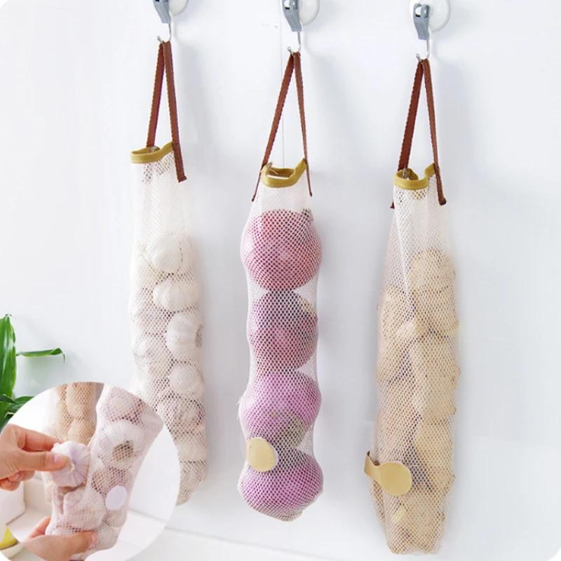Mesh Net Fruit Vegetable Garlic Onion Hanging Storage Bags Food Reusable Bag Organizer Home Hollow Kitchen Accessory