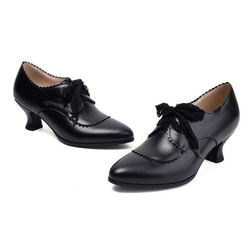 Spring Autumn PU Leather Shoes for Women Lace-up 5.5 Cm Middle Heels Shoes Woman Custom Retro Female Casual Shoes WSH5256
