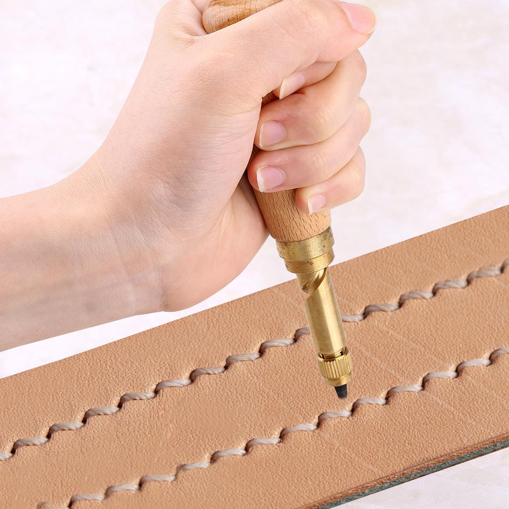 Wooden Handle Screw Auto Hole Punch Leather DIY Hand Craft Stitching Tool with 1.5-4mm Tips
